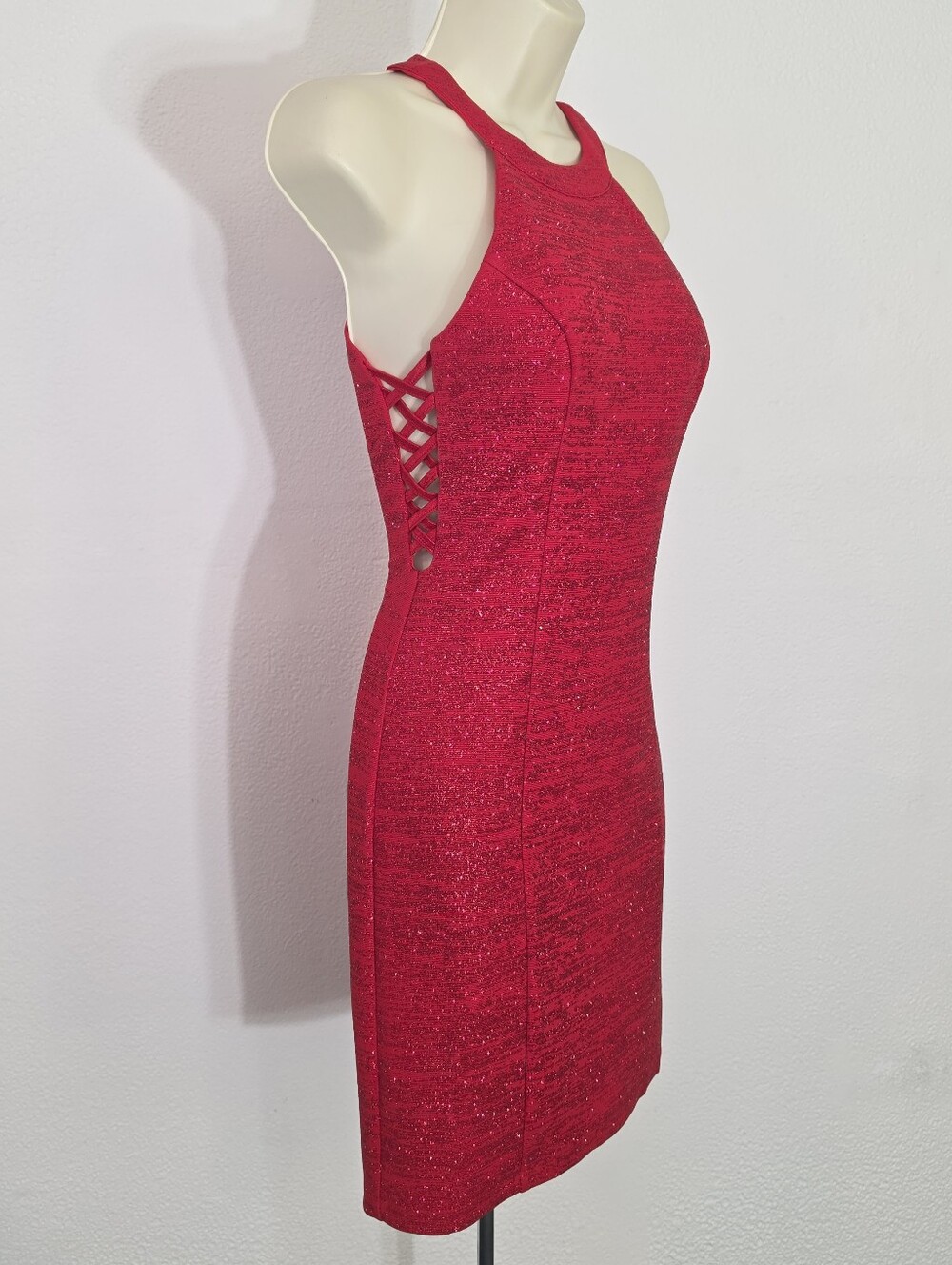 Honey and Rosie Dress Shimmery Halter Neckline Sleeveless Vibrant Red Size S - Picture 13 of 16
